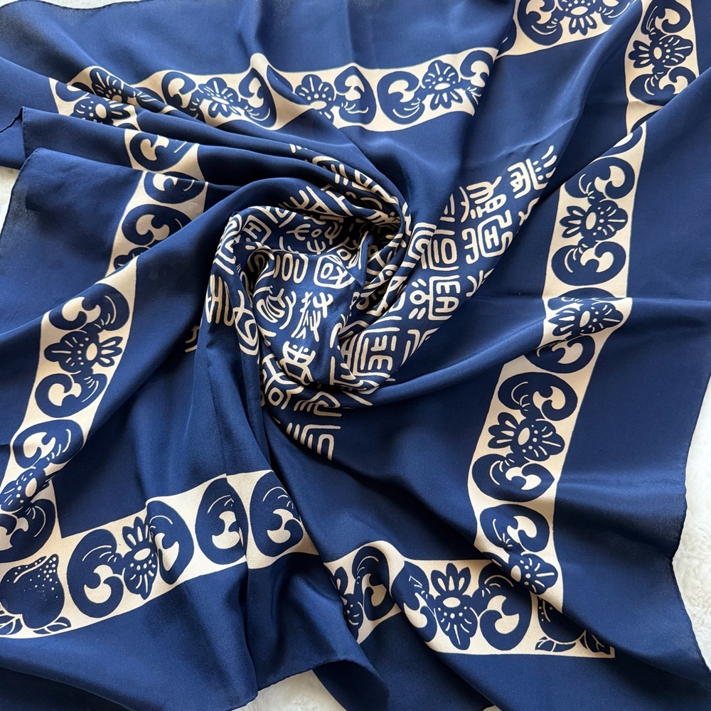 Vintage Chinese Calligraphy Scarf Textile 34” Blue Asian Decor Table Square
